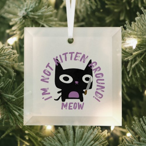 Cat Pun Black Kitten with Knife Personalized Text  Glass Ornament