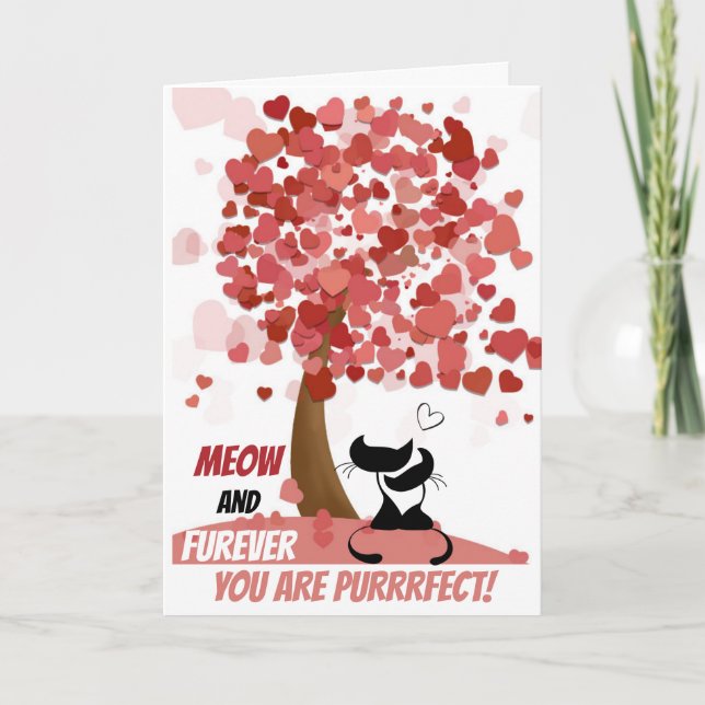 Cat pun Valentine's silhouette heart tree  Holiday Card (Front)