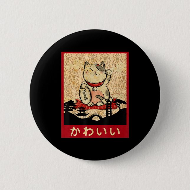 Cat Ramen Bowl Anime Japanese Noodles Kawaii Neko Button (Front)