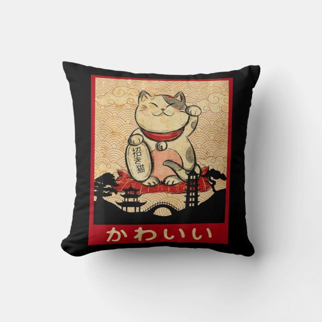 Cat Ramen Bowl Anime Japanese Noodles Kawaii Neko  Throw Pillow (Front)