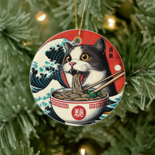 Cat Ramen Japanese Art Vintage Style Ceramic Ornament