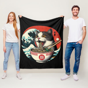 Cat Ramen Japanese Art Vintage Style Fleece Blanket