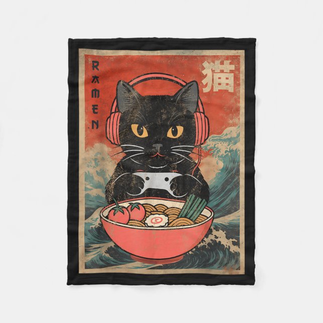 Cat Ramen Japanese Funny Graphic Kawaii Anime  Fleece Blanket (Front)