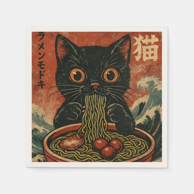 Cat Ramen Japanese Funny Graphic Kawaii Cat Anime Napkins (Front)