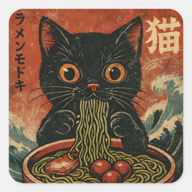 Cat Ramen Japanese Funny Graphic Kawaii Cat Anime Square Sticker (Front)