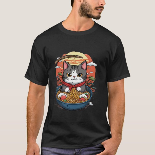 Cat Ramen Japanese Funny Graphic Kawaii Cat Anime T-Shirt (Front)