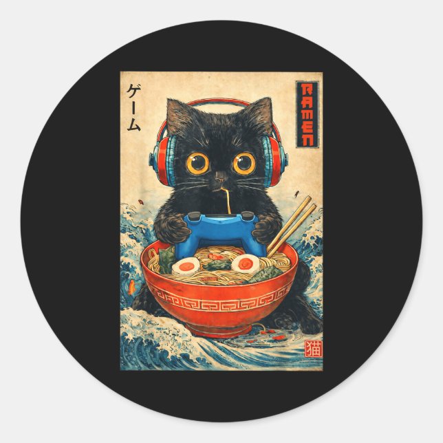 Cat Ramen Japanese Funny Graphic Tees Kawaii Cat A Classic Round Sticker (Front)