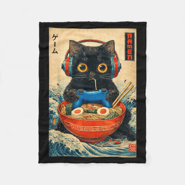 Cat Ramen Japanese Funny Graphic Tees Kawaii Cat A Fleece Blanket (Front)