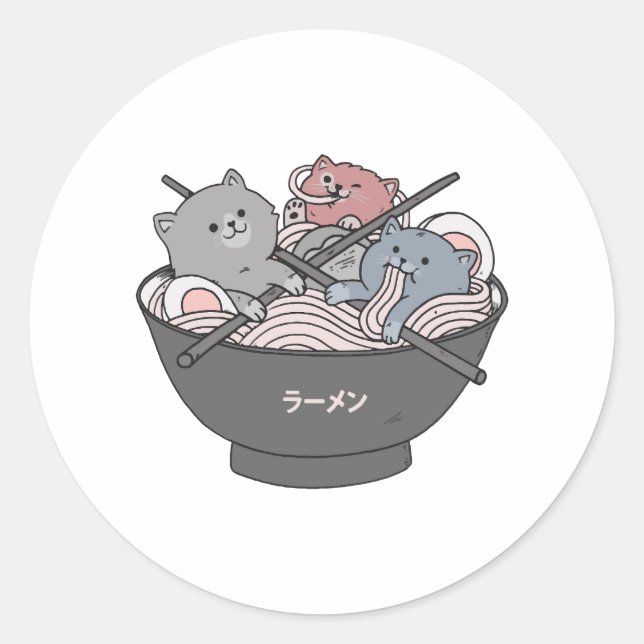 Cat Ramen Kawaii Classic Round Sticker (Front)