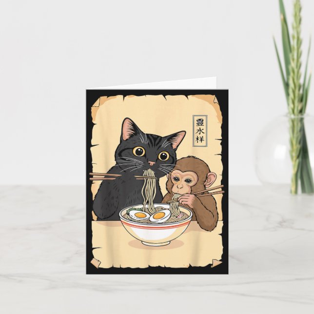 Cat Ramen Monkey Shirt Funny Cat Monkey Eating Ram Card (Front)