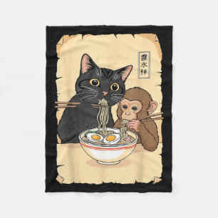 Cat Ramen Monkey Shirt Funny Cat Monkey Eating Ram Fleece Blanket