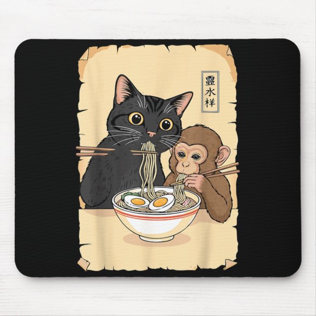 Cat Ramen Monkey Shirt Funny Cat Monkey Eating Ram Mouse Pad (Front)
