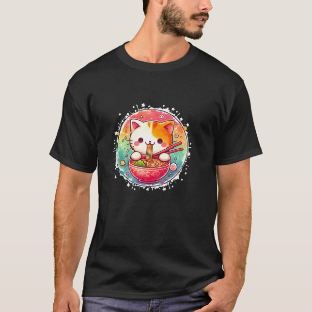 Cat Ramen Noodle Japanese Anime Kawaii Cat Eating  T-Shirt (Front)