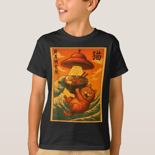 Cat Ramen Ufo Funny Japanese Anime Men Women Teens T-Shirt (Front)