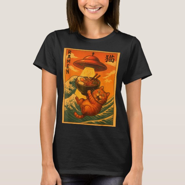Cat Ramen Ufo Funny Japanese Anime Men Women Teens T-Shirt (Front)