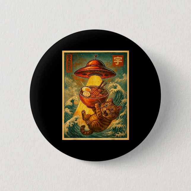 Cat Ramen Ufo Funny Men Women Teens Kids Japanese  Button (Front)