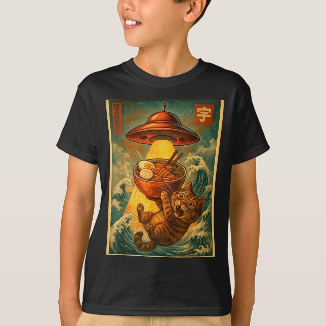 Cat Ramen Ufo Funny Men Women Teens Kids Japanese  T-Shirt (Front)