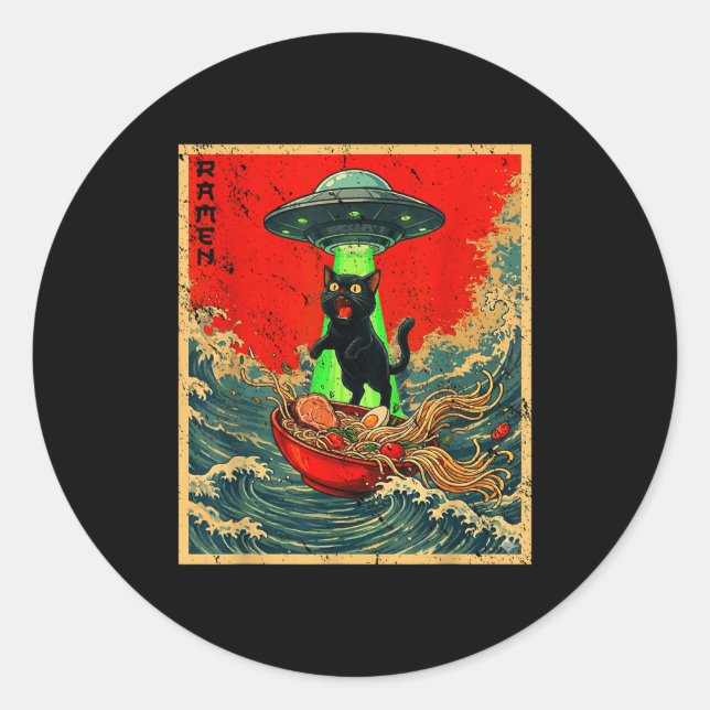 Cat Ramen Ufo Japanese Anime Graphic Tees Men Wome Classic Round Sticker (Front)