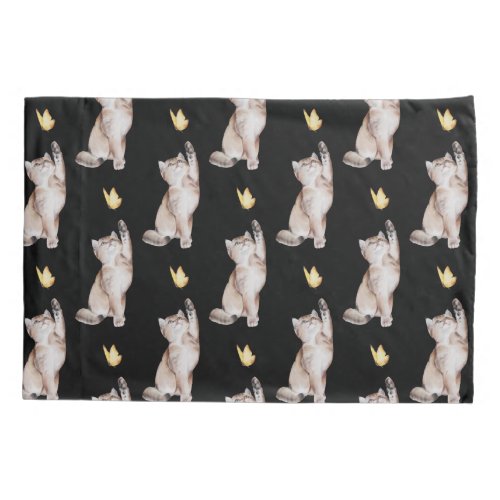 Cat Reaching For Yellow Butterfly on Black Pillow Case