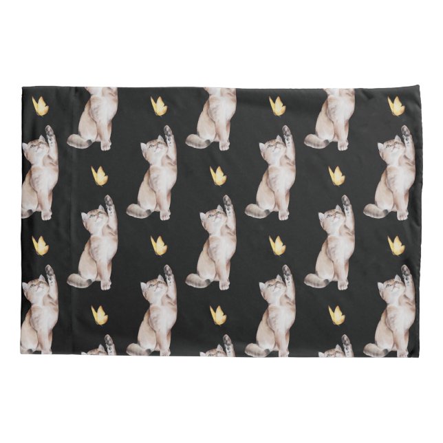 Cat Reaching For Yellow Butterfly on Black Pillow Case (Back)
