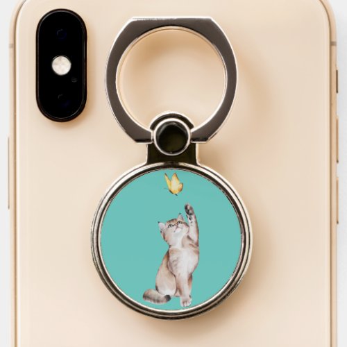 Cat Reaching For Yellow Butterfly on Light Teal Phone Ring Stand