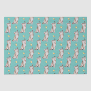 Cat Reaching For Yellow Butterfly on Light Teal Tissue Paper