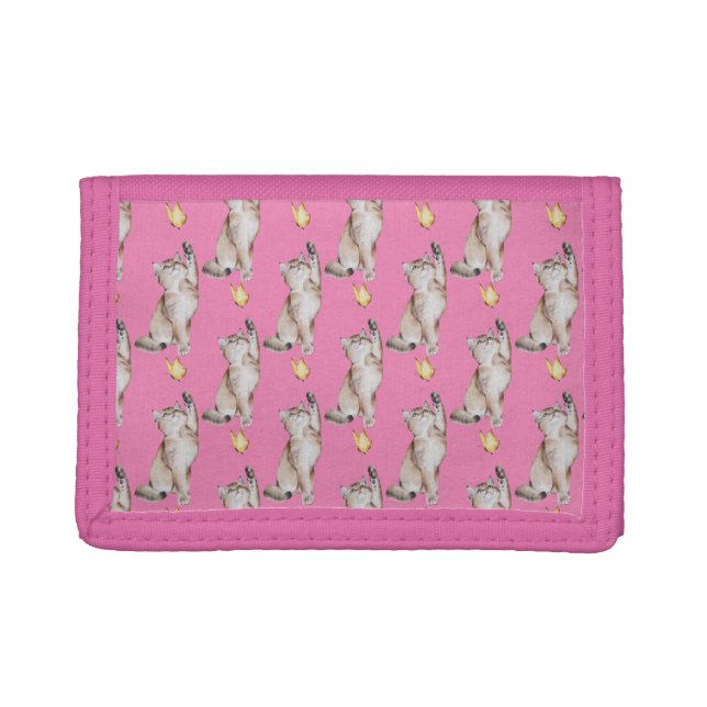 Cat Reaching For Yellow Butterfly on Pink Trifold Wallet (Front)