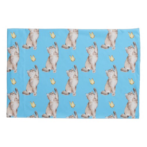 Cat Reaching For Yellow Butterfly on Sky Blue Pillow Case