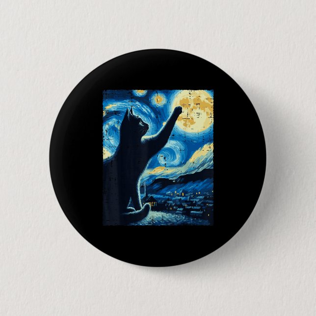 Cat Reaching Moon Starry Night Funny Kitten Men Wo Button (Front)