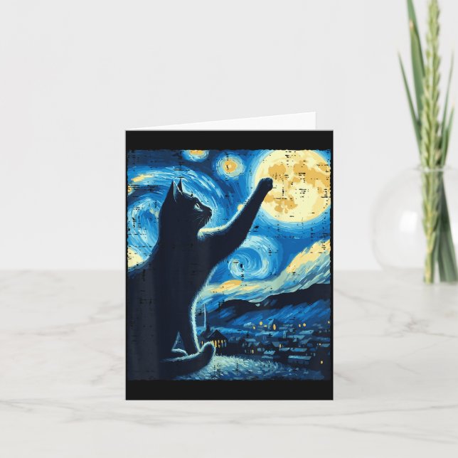 Cat Reaching Moon Starry Night Funny Kitten Men Wo Card (Front)