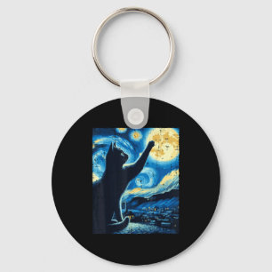 Cat Reaching Moon Starry Night Funny Kitten Men Wo Keychain