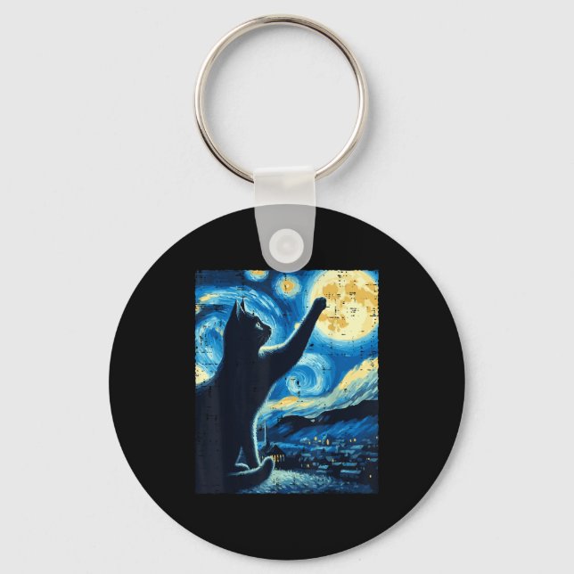 Cat Reaching Moon Starry Night Funny Kitten Men Wo Keychain (Front)