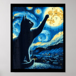 Cat Reaching Moon Starry Night Funny Kitten Men Wo Poster