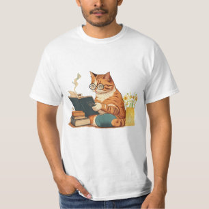 Cat Reading a Book and Drinking Coffee T-Shirt