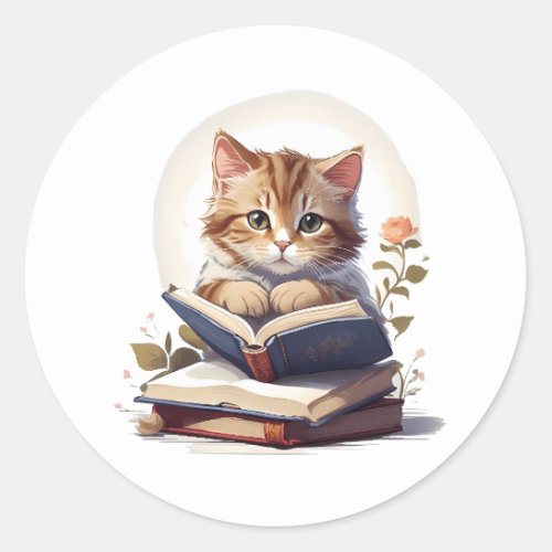 Cat reading a book classic round sticker