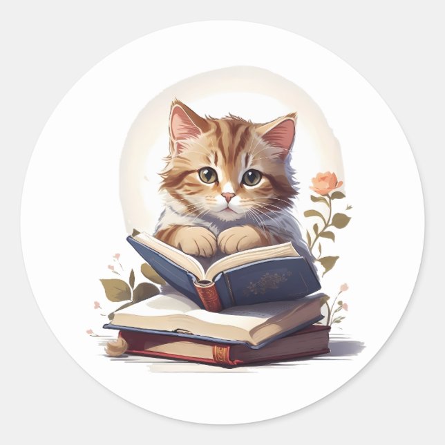 Cat reading a book classic round sticker (Front)