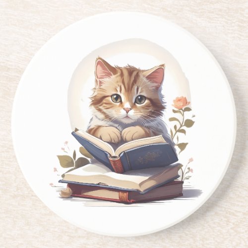 Cat reading a book coaster