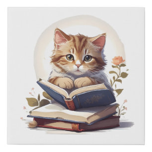Cat reading a book faux canvas print