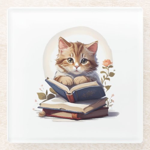 Cat reading a book glass coaster