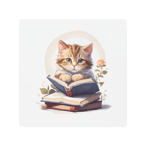 Cat reading a book metal print