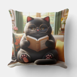 Cat reading a book on sofa throw pillow