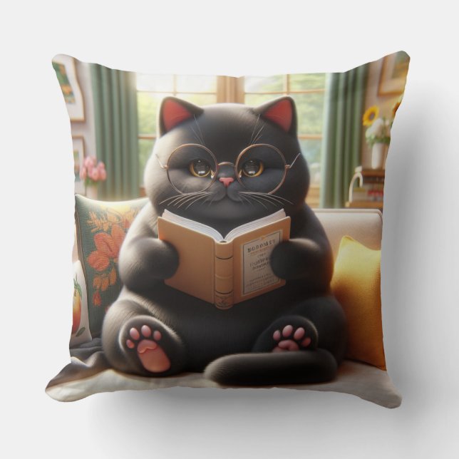 Cat reading a book on sofa throw pillow (Front)