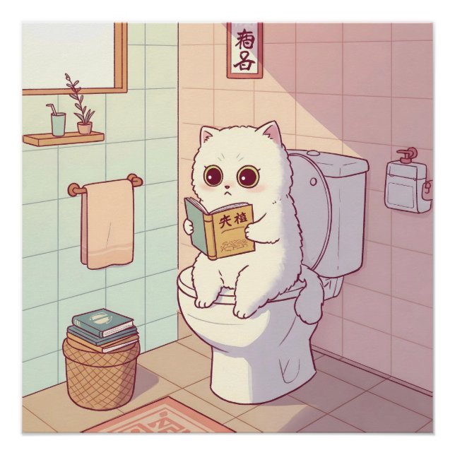 Cat Reading A Book On The Toilet Poster (Front)