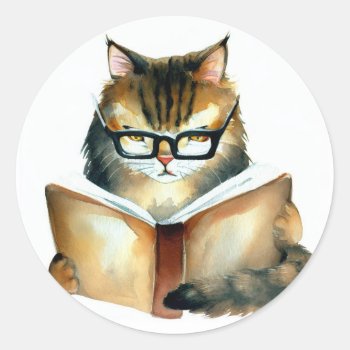 Cat Reading A Book Round Stickers by javajeninga at Zazzle