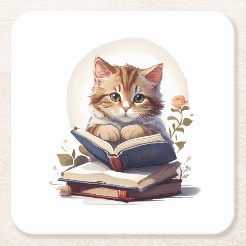 Cat reading a book square paper coaster