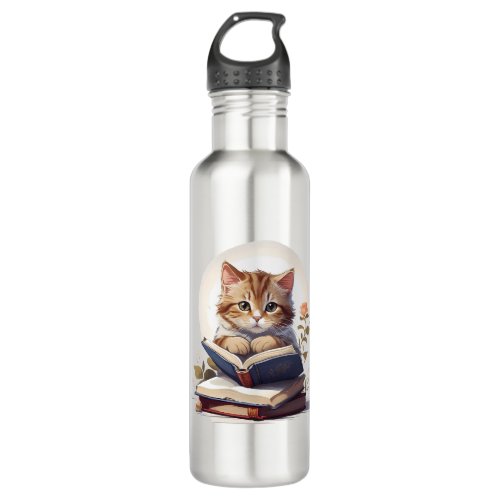 Cat reading a book stainless steel water bottle