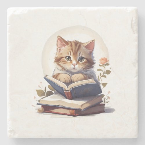 Cat reading a book stone coaster