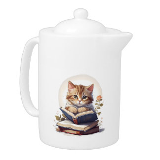Cat reading a book teapot