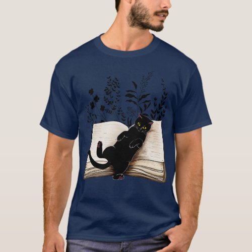 Cat reading a book watercolor style flowers growin T_Shirt
