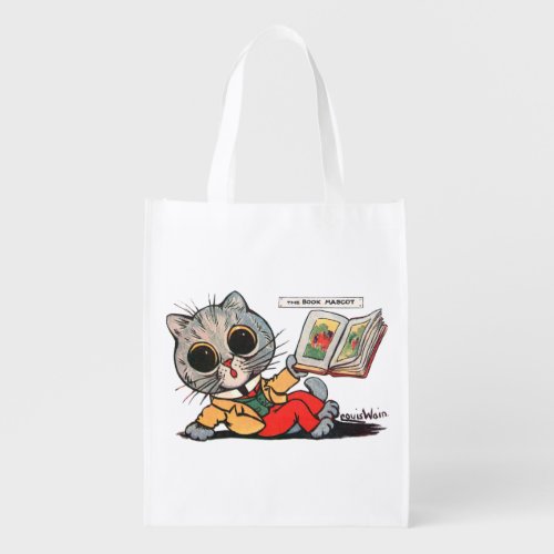 Cat reading a Picture book Louis Wain Grocery Bag